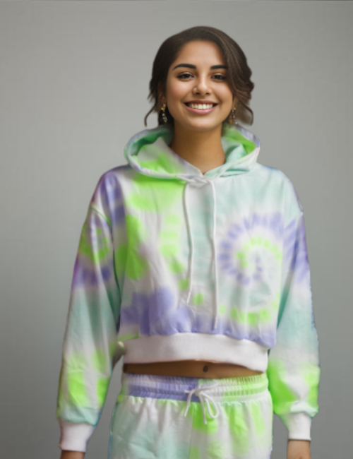 Tie-Dye Crop Top Fluorescent Down-Shoulder Hoodie