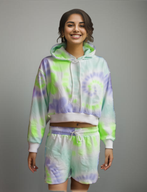 Tie-Dye Crop Top Down-Shoulder Hoodie Co-ords